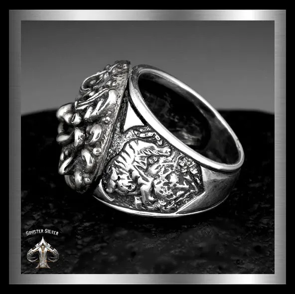 Sterling Silver Japanese Foo Lion Dragon Tiger Biker Ring