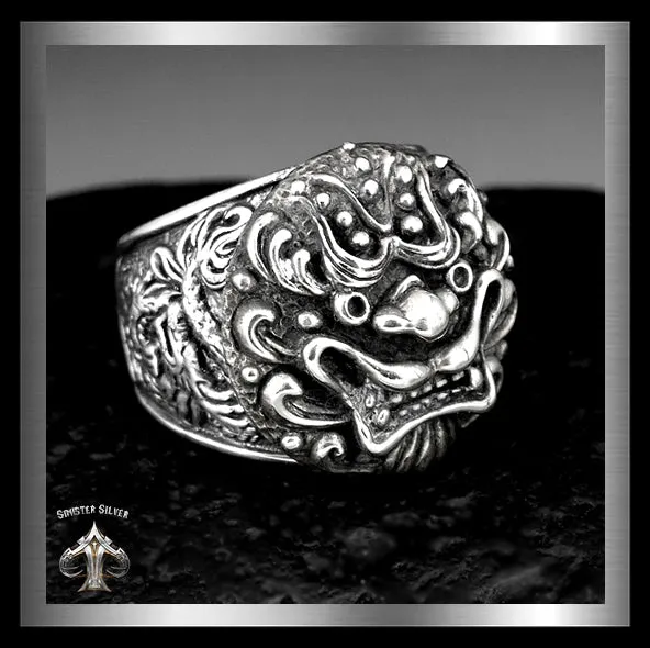 Sterling Silver Japanese Foo Lion Dragon Tiger Biker Ring