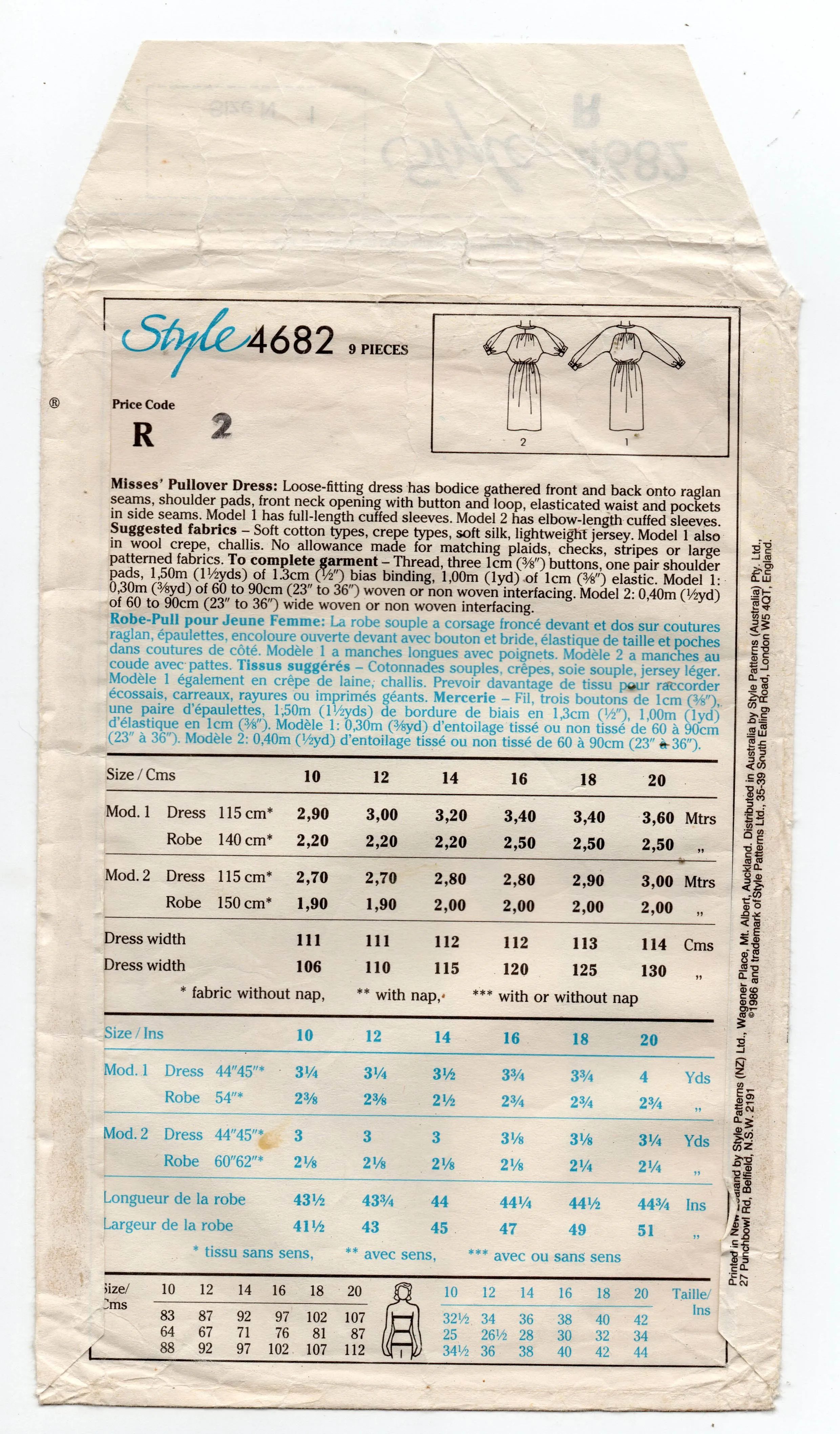 Style 1320 Womens Pullover Dress with Gathered Yoke and Pockets 1980s Vintage Sewing Pattern Size 10 Bust 32.5 inches
