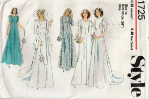Style 1725 Womens Empire Waisted Flutter Sleeved Bridesmaid or Wedding Dress 1970s Vintage Sewing Pattern Size 14 or 16