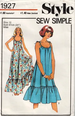 Style 1927 Womens EASY Tie Shoulder Ruffled Hem Dress or Maxi Sundress 1970s Vintage Sewing Pattern Size 12 Bust 34 Inches
