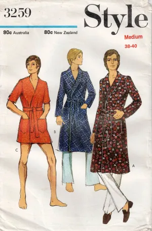 Style 3259 Mens Dressing Gown / Bath Robe in 2 Length 1970s Vintage Sewing Pattern Size 38 - 40
