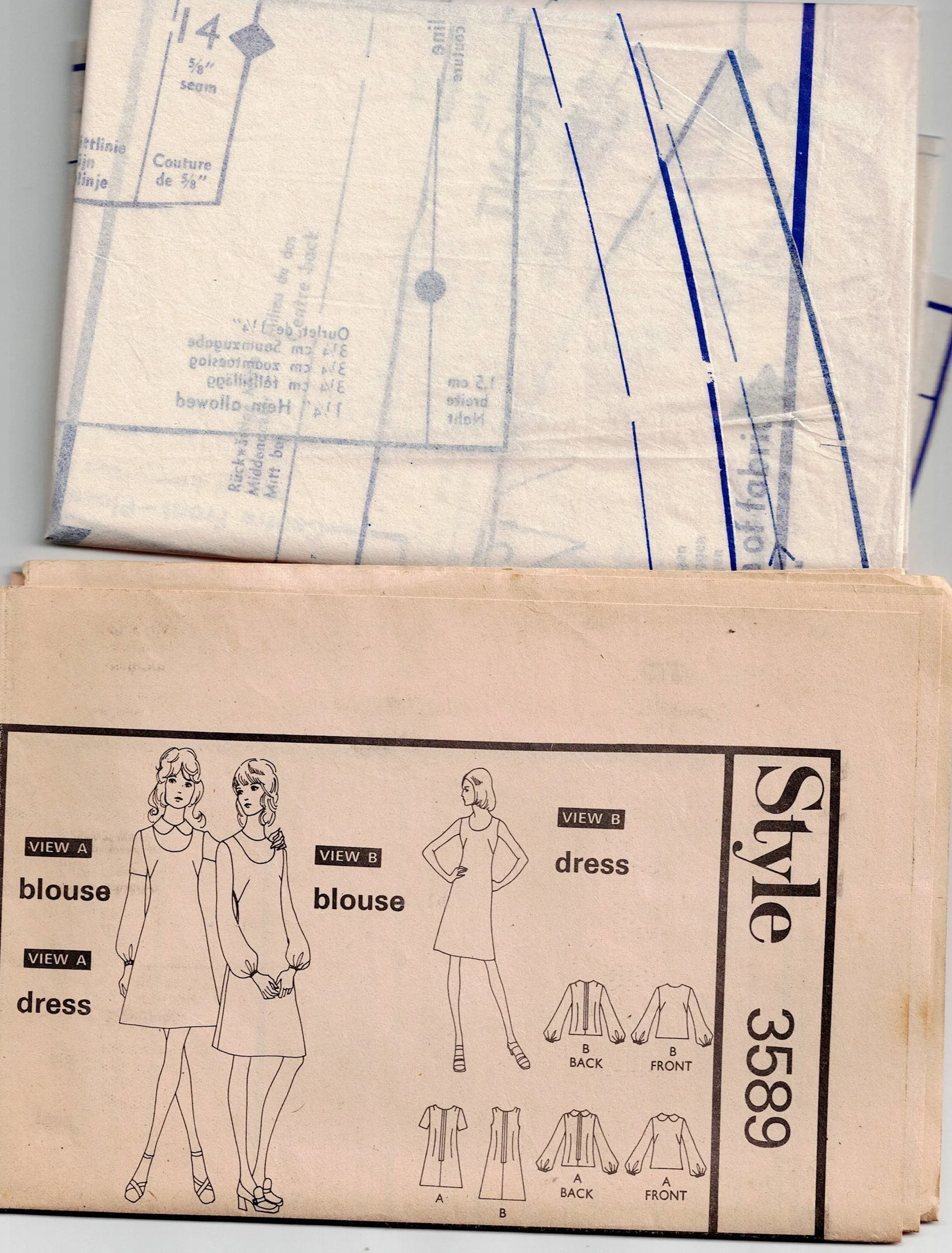 Style 3589 Womens Dress & Blouse 1970s Vintage Sewing Pattern Size 16 Bust 38 inches