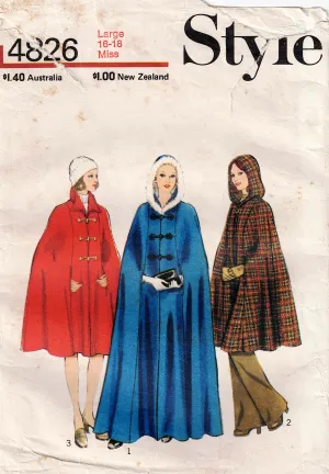 Style 4826 Womens Lined Cape with Optional Hood 1970s Vintage Sewing Pattern Size LARGE 16 - 18