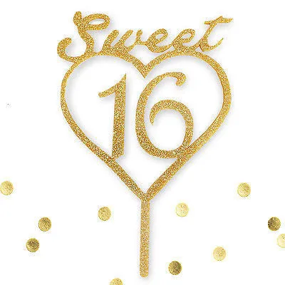 Sweet 16 Script Gold Glitter Acrylic Heart Birthday Cake Topper Party Decoration