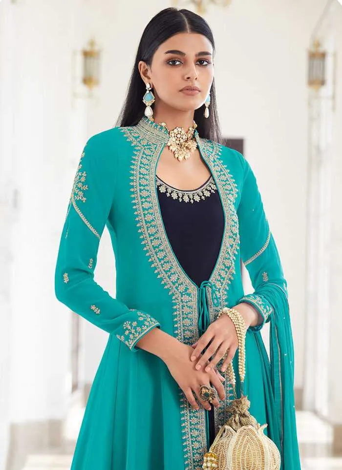 Teal and Blue Heavy Embroidered Jacket Style Suit