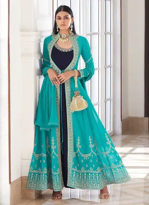 Teal and Blue Heavy Embroidered Jacket Style Suit