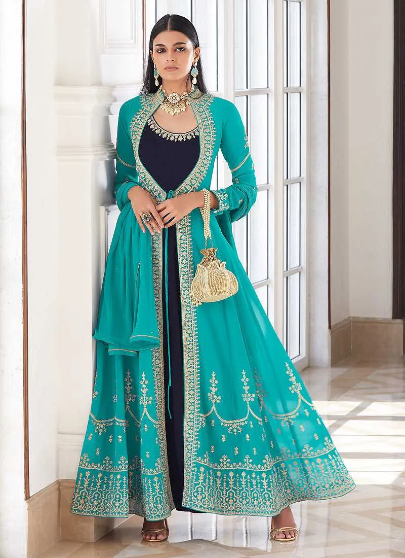Teal and Blue Heavy Embroidered Jacket Style Suit