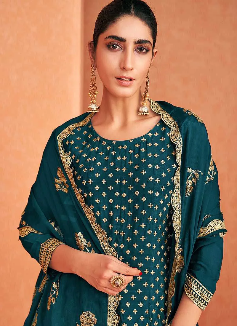 Teal and Gold Embroidered Sharara Style Suit
