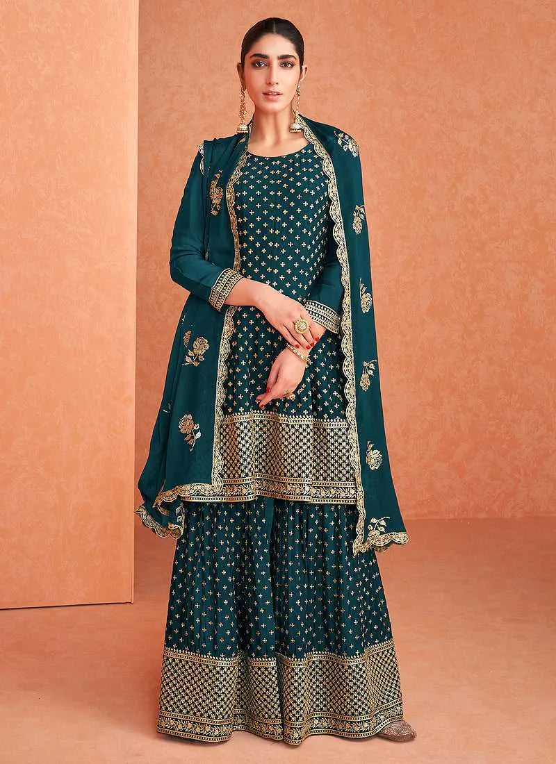 Teal and Gold Embroidered Sharara Style Suit