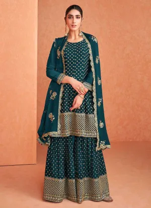 Teal and Gold Embroidered Sharara Style Suit