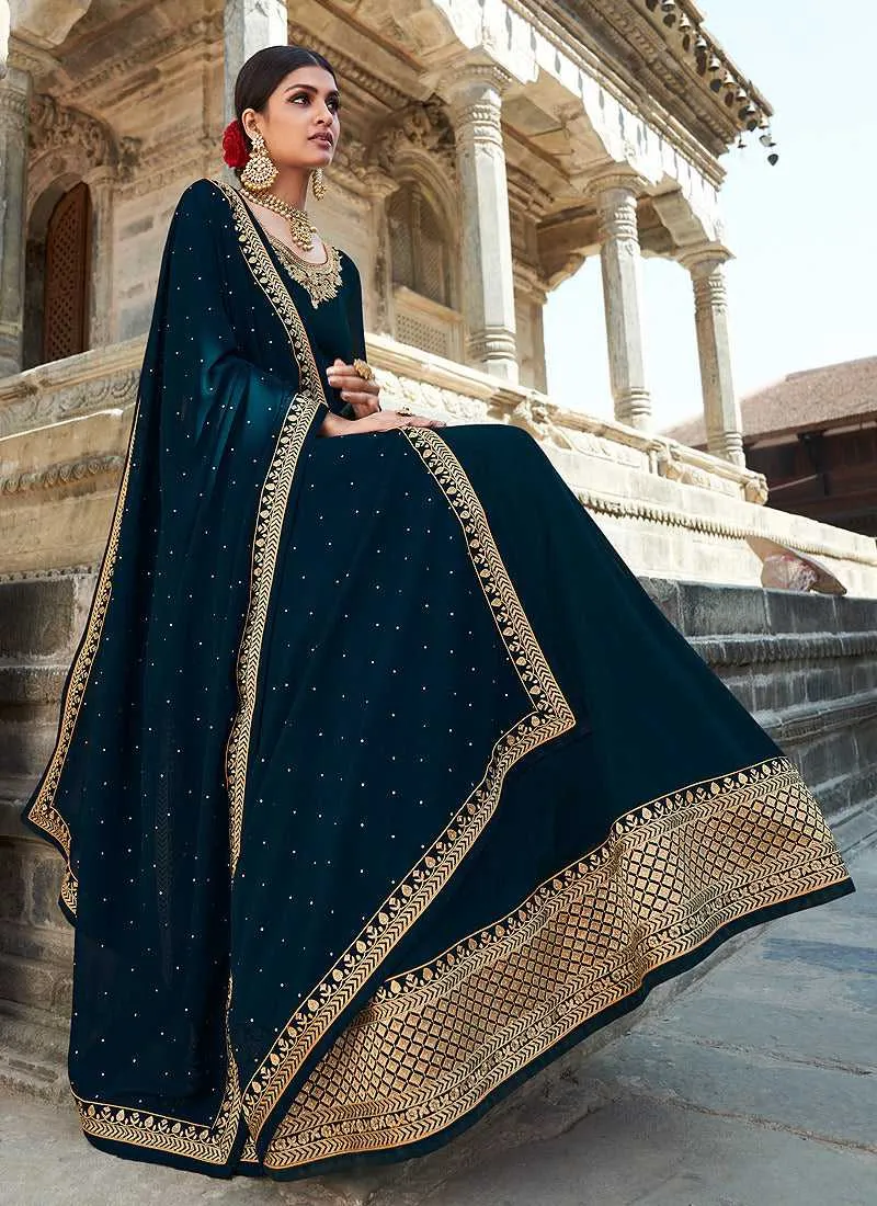 Teal Embroidered Stylish Kalidar Gown Style Anarkali