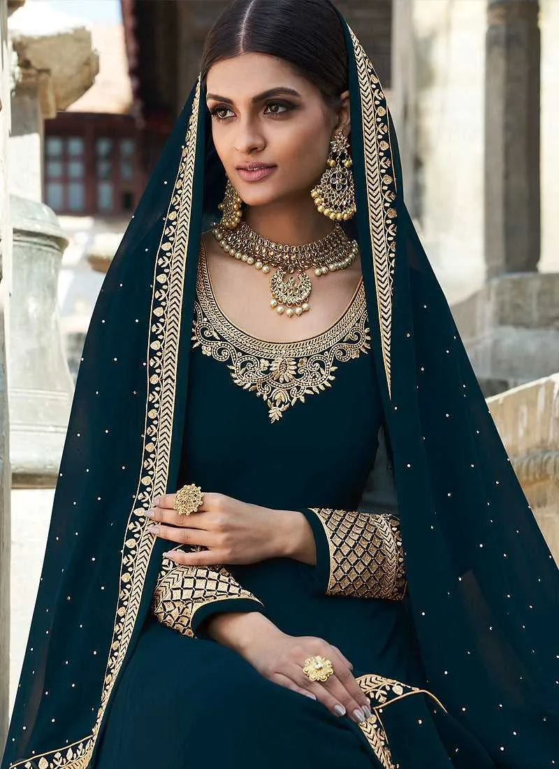 Teal Embroidered Stylish Kalidar Gown Style Anarkali