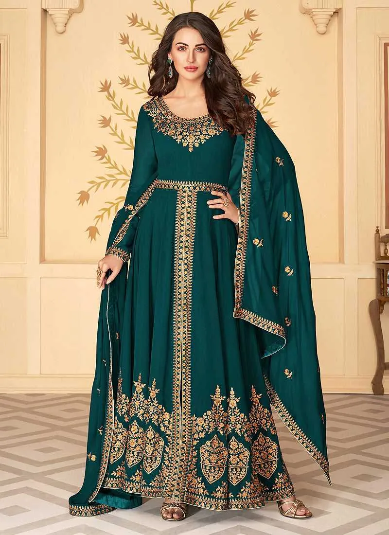 Teal Heavy Embroidered High Slit Style Anarkali