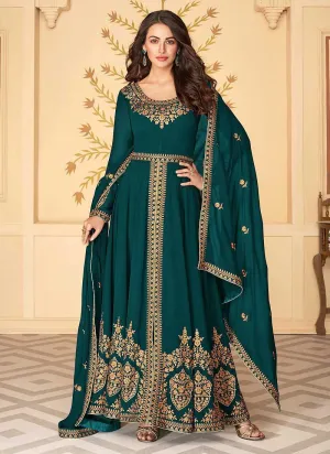 Teal Heavy Embroidered High Slit Style Anarkali