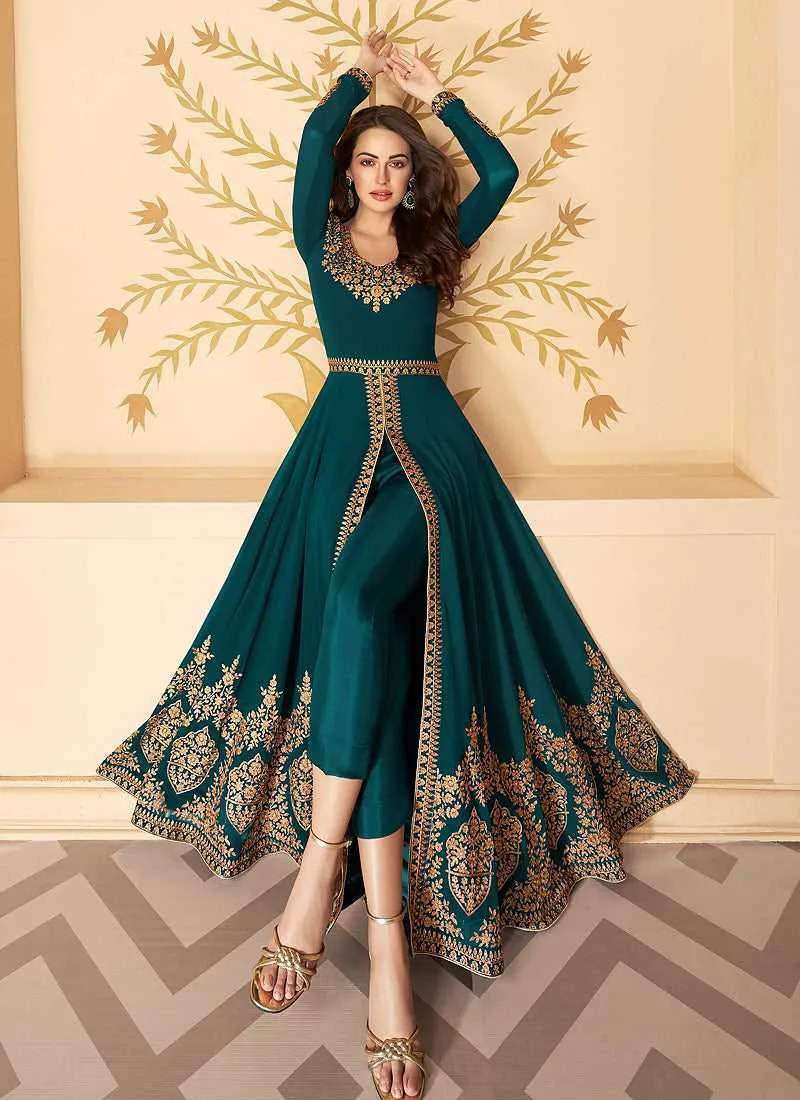 Teal Heavy Embroidered High Slit Style Anarkali