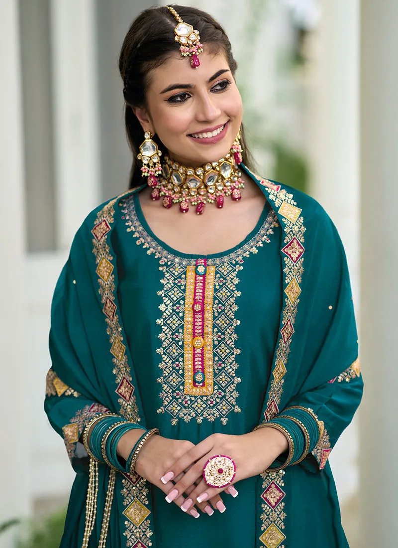 Teal Multi Colour Designer Gharara Style Suit