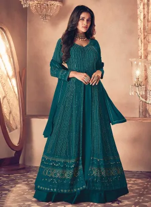 Teal Sequin Embroidered Slit Style Lehenga