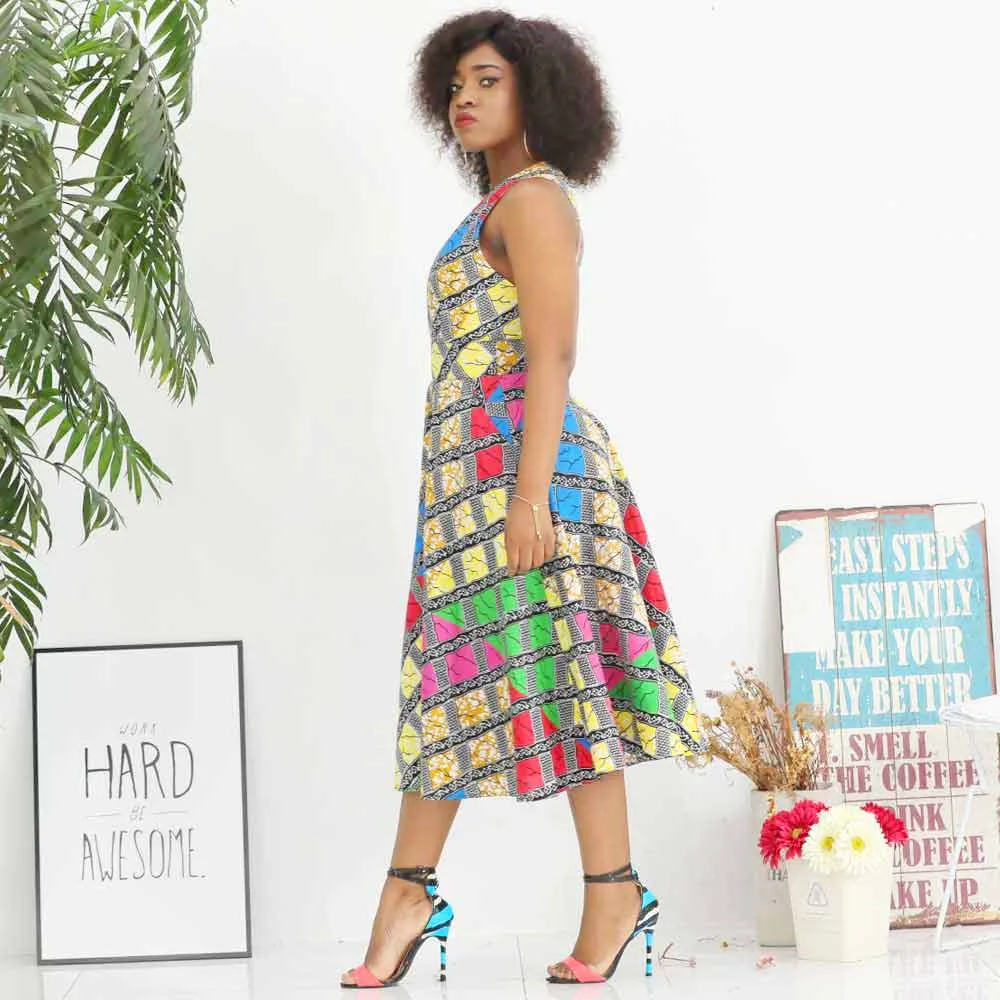 Traditional African Dashiki Ankara Kitenge Wax Print Low Cut Sleeveless Party Dress