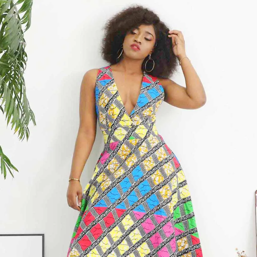 Traditional African Dashiki Ankara Kitenge Wax Print Low Cut Sleeveless Party Dress