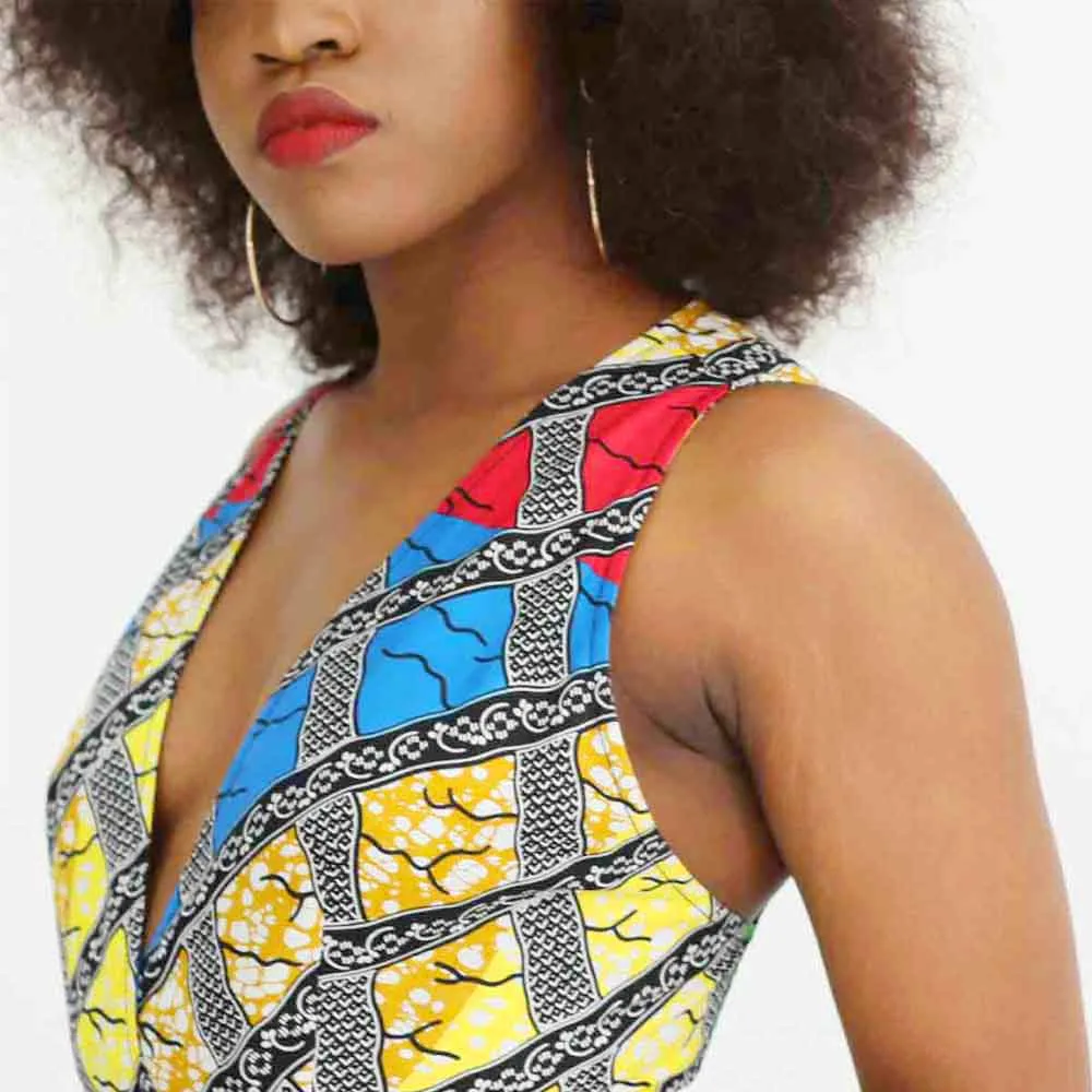 Traditional African Dashiki Ankara Kitenge Wax Print Low Cut Sleeveless Party Dress