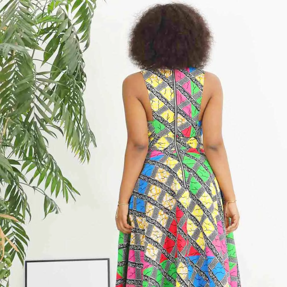 Traditional African Dashiki Ankara Kitenge Wax Print Low Cut Sleeveless Party Dress