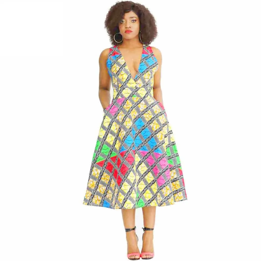 Traditional African Dashiki Ankara Kitenge Wax Print Low Cut Sleeveless Party Dress