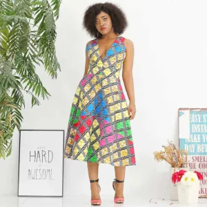 Traditional African Dashiki Ankara Kitenge Wax Print Low Cut Sleeveless Party Dress