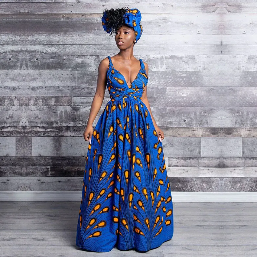 Traditional African Dashiki  Kitenge  Kanga Wax Print Halter Sleeveless Long Summer Maxi Party Dress