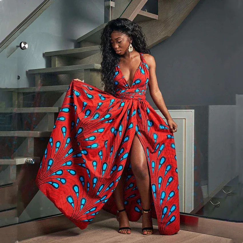 Traditional African Dashiki  Kitenge  Kanga Wax Print Halter Sleeveless Long Summer Maxi Party Dress