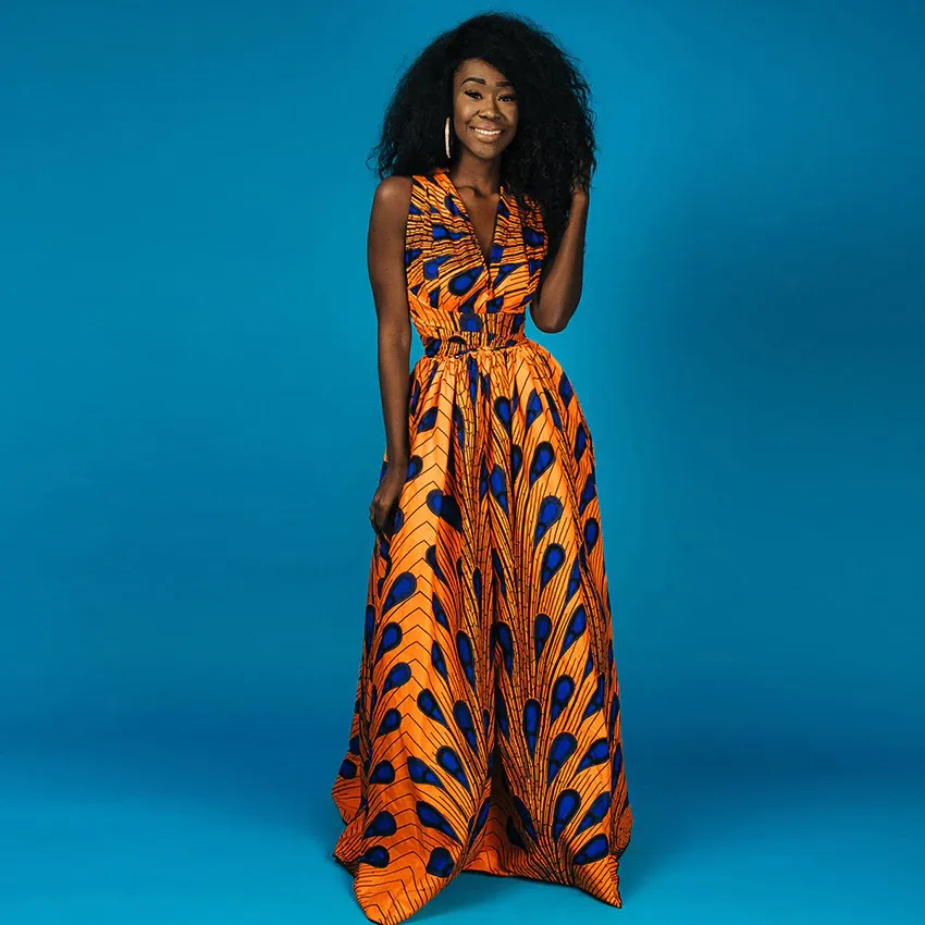 Traditional African Dashiki  Kitenge  Kanga Wax Print Halter Sleeveless Long Summer Maxi Party Dress
