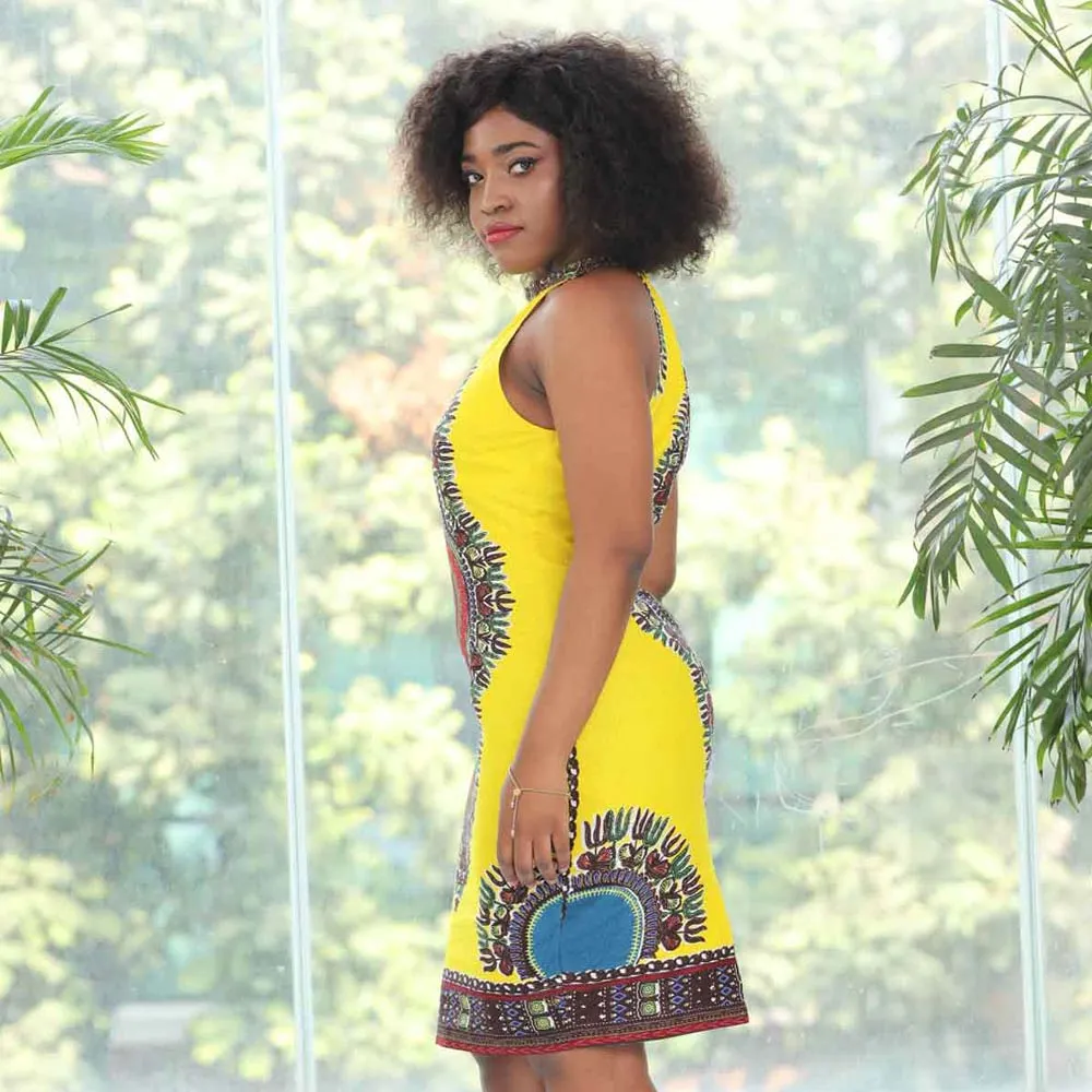 Traditional African Dashiki  Kitenge Wax Print Above Knee Cocktail Party Dress