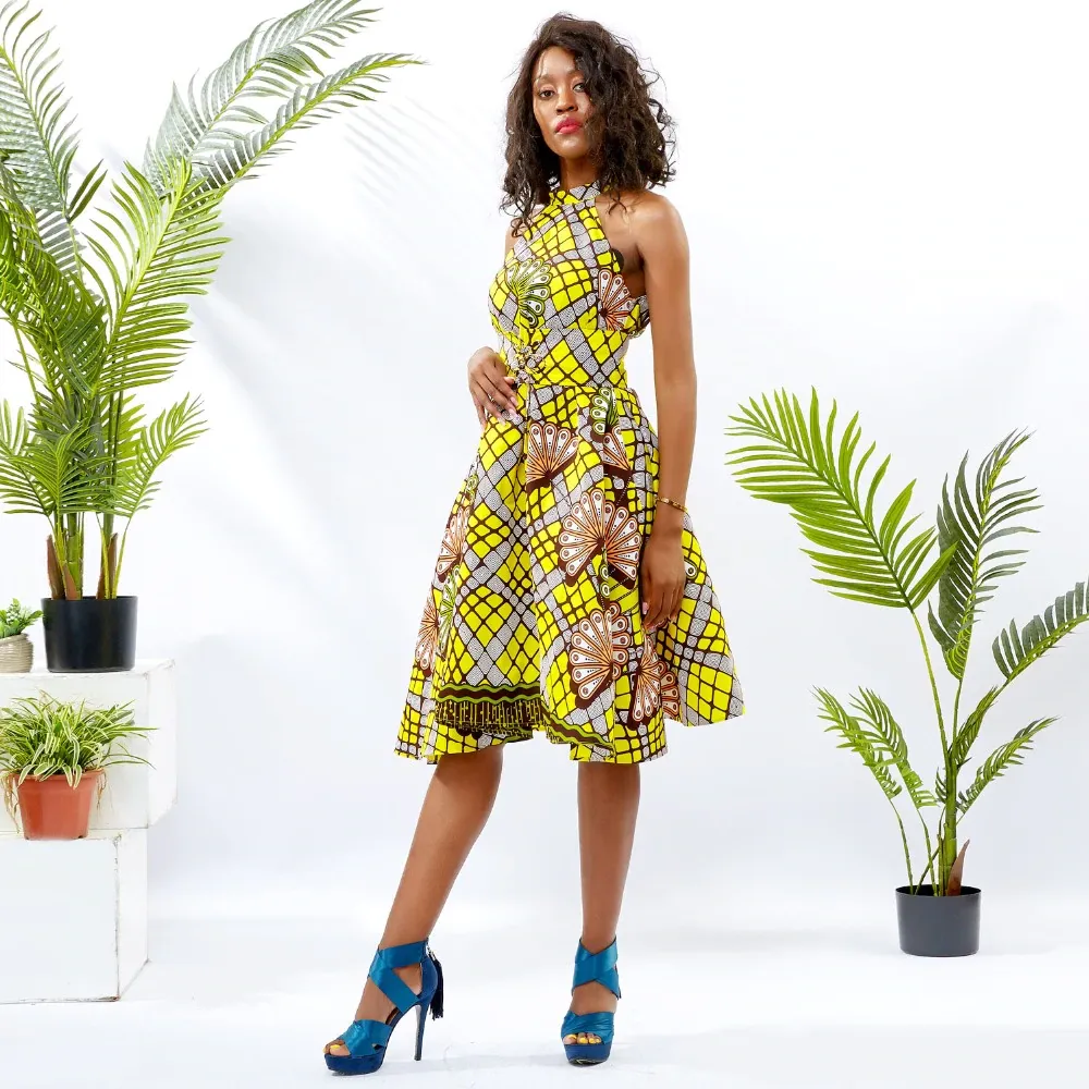 Traditional African Dashiki  Kitenge Wax Print Knee Length Summer Sleeveless Yellow Party Dress