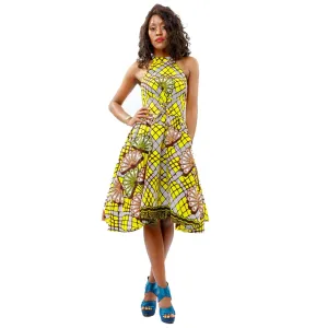 Traditional African Dashiki  Kitenge Wax Print Knee Length Summer Sleeveless Yellow Party Dress