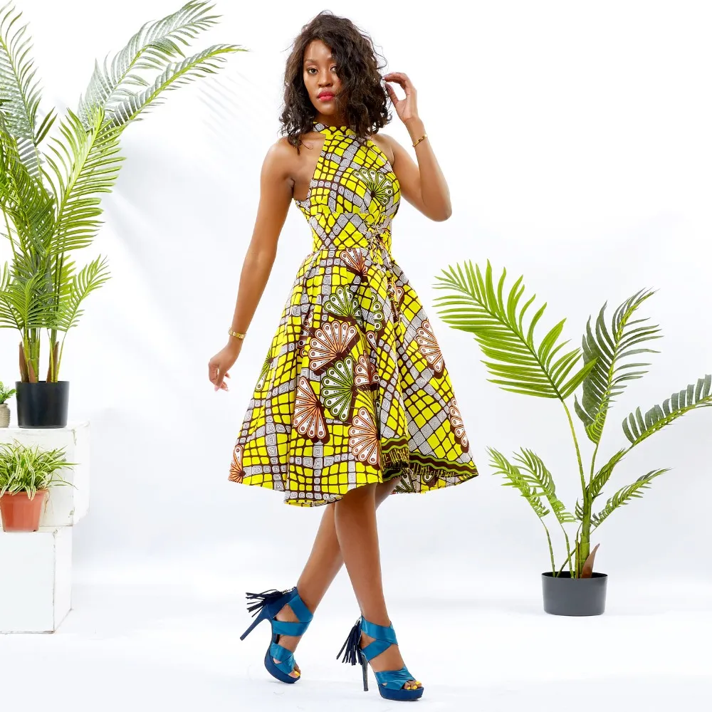 Traditional African Dashiki  Kitenge Wax Print Knee Length Summer Sleeveless Yellow Party Dress