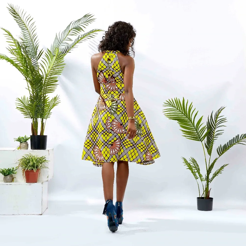 Traditional African Dashiki  Kitenge Wax Print Knee Length Summer Sleeveless Yellow Party Dress