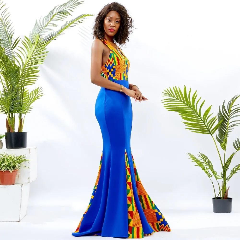 Traditional African Dashiki Kitenge Wax Print Sleeveless Maxi Backless Splicing Dress