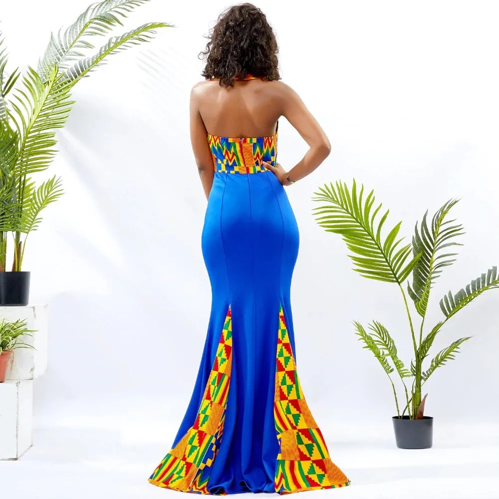Traditional African Dashiki Kitenge Wax Print Sleeveless Maxi Backless Splicing Dress