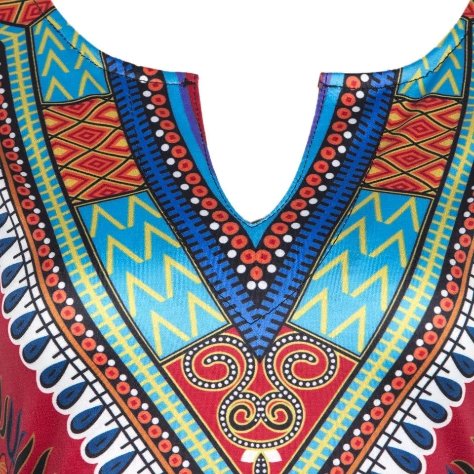 Traditional African Kitenge Dashiki V-Neck Sleeveless Print Dress Design Fitted Above Knee