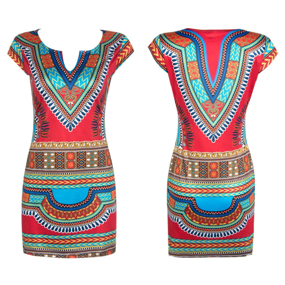 Traditional African Kitenge Dashiki V-Neck Sleeveless Print Dress Design Fitted Above Knee