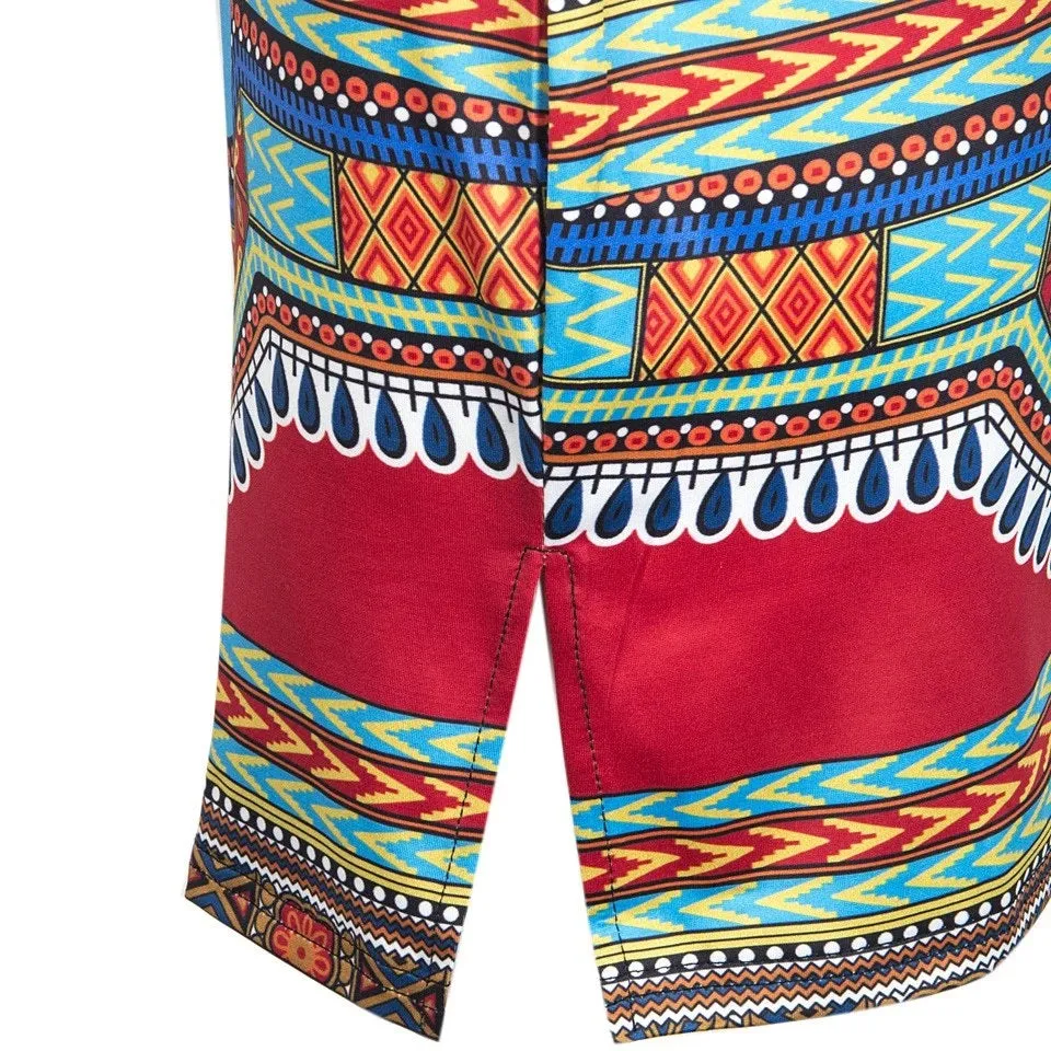 Traditional African Kitenge Dashiki V-Neck Sleeveless Print Dress Design Fitted Above Knee