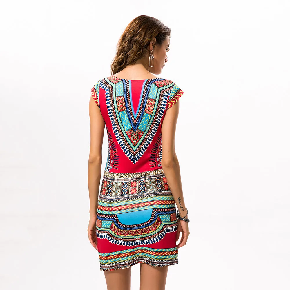 Traditional African Kitenge Dashiki V-Neck Sleeveless Print Dress Design Fitted Above Knee