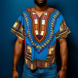 Traditional Print Light Blue/Pink Unisex Dashiki Shirt (XL)