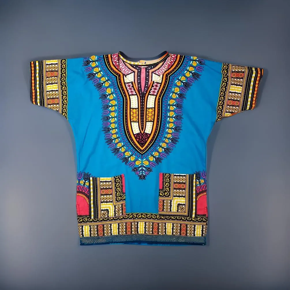 Traditional Print Light Blue/Pink Unisex Dashiki Shirt (XL)