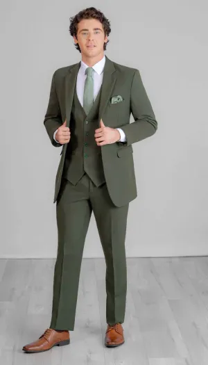 Trim Fit 3 Piece Suit Olive Green