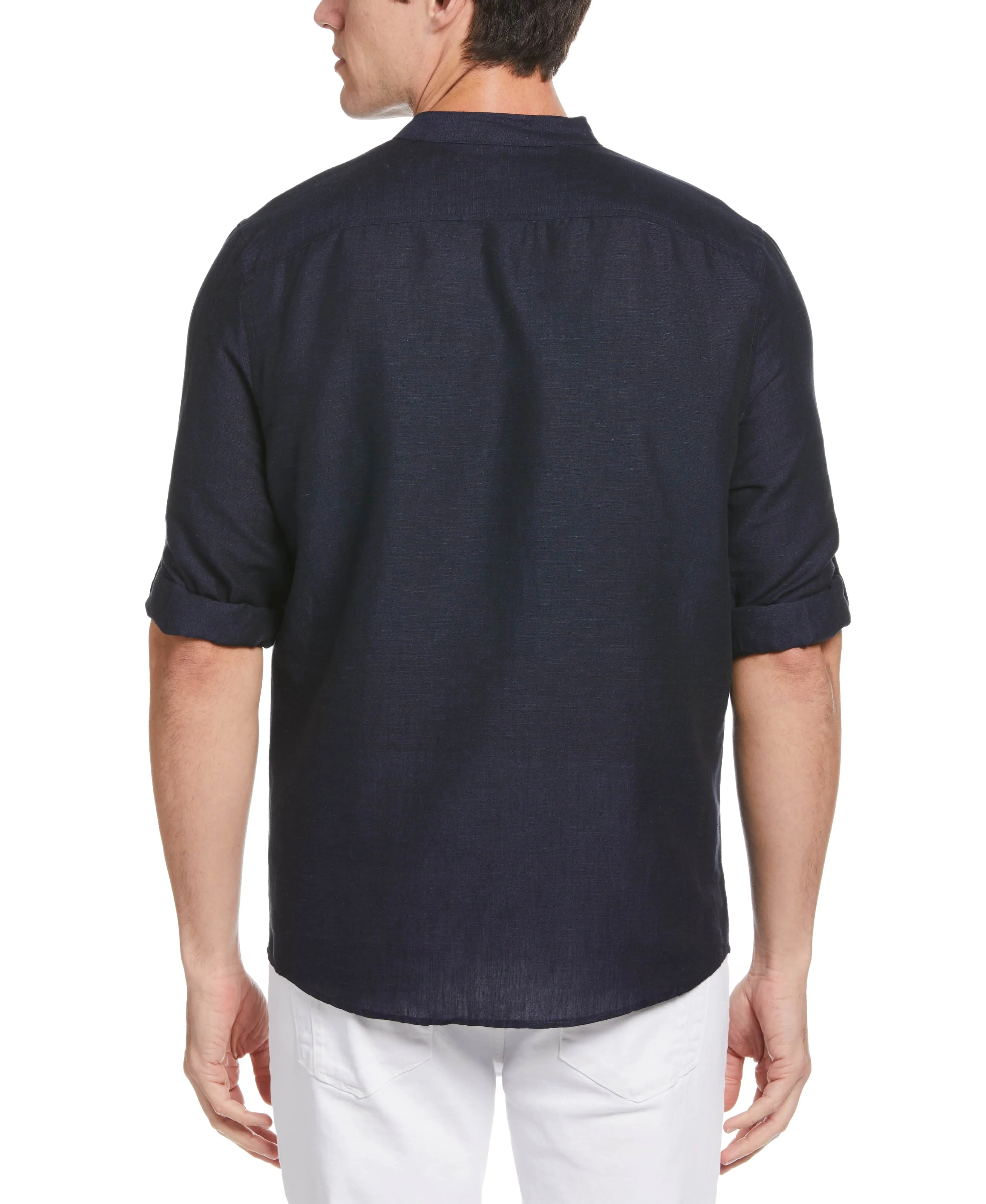Untucked Roll Sleeve Linen Blend Banded Collar Popover Shirt