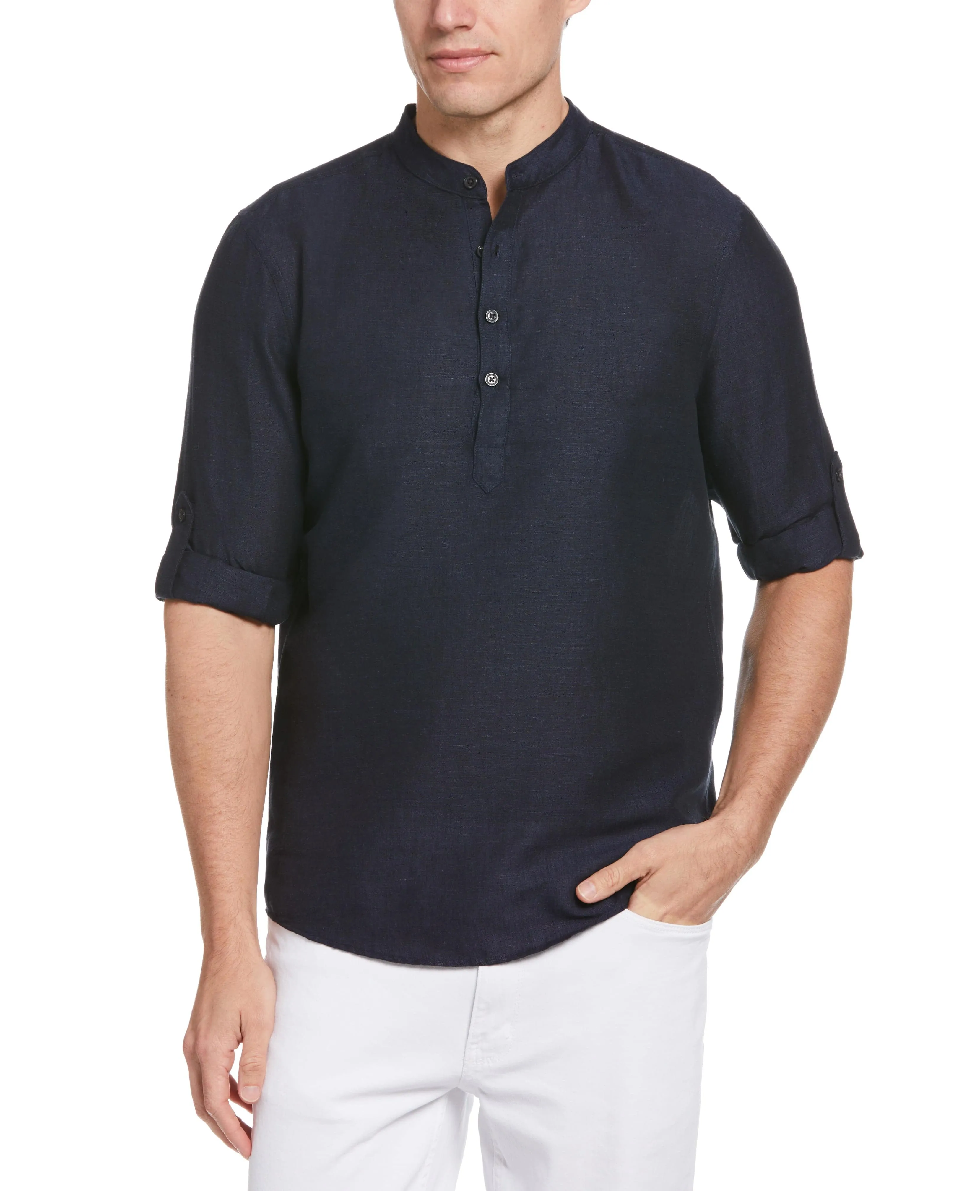 Untucked Roll Sleeve Linen Blend Banded Collar Popover Shirt