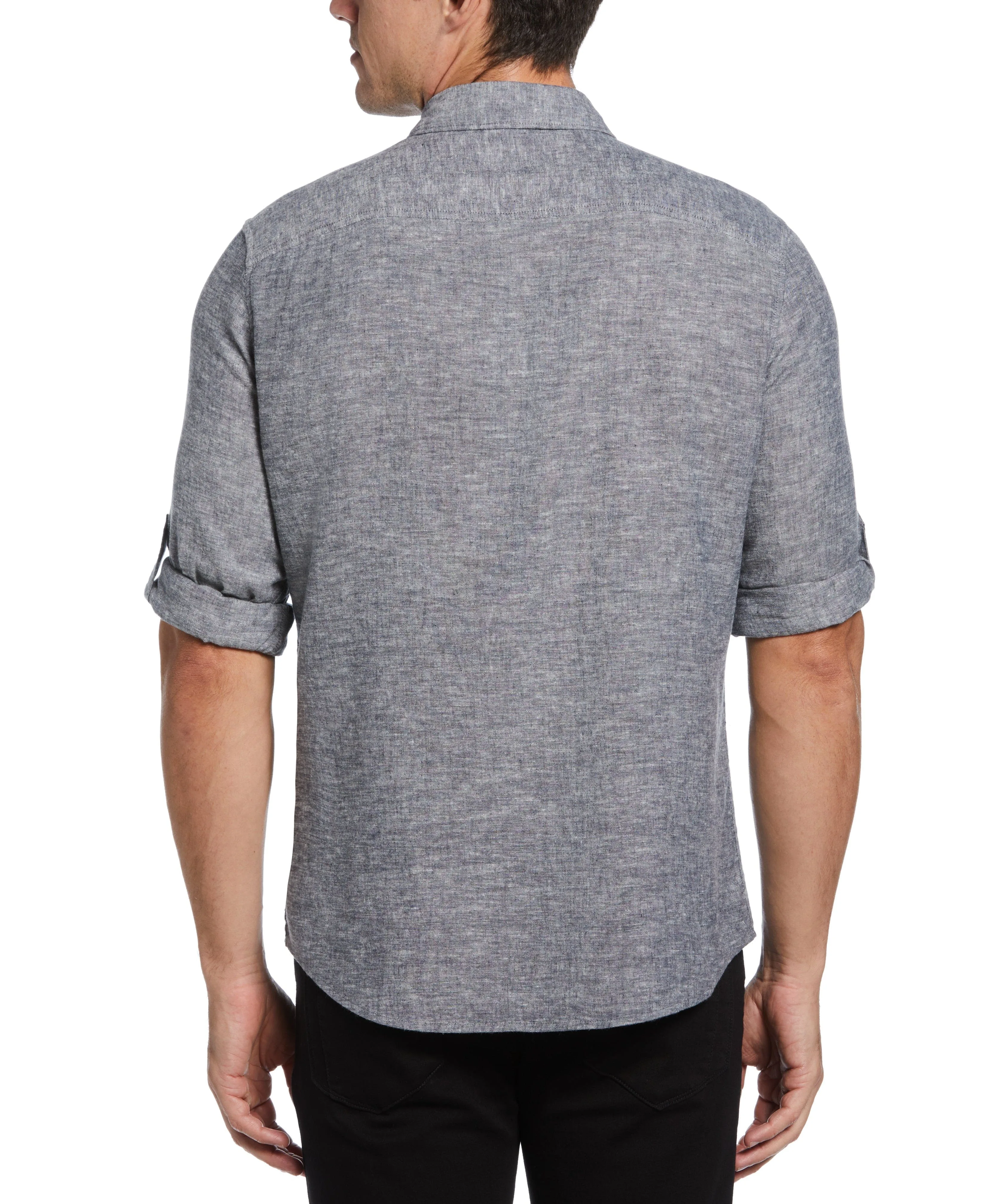 Untucked Slim Fit  Linen Blend Rolled Sleeve Shirt - Navy Blue