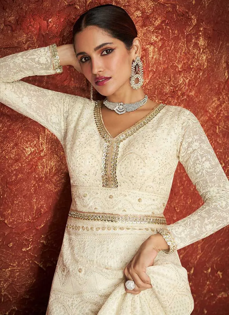 White and Gold Gown Style Embroidered Anarkali Suit