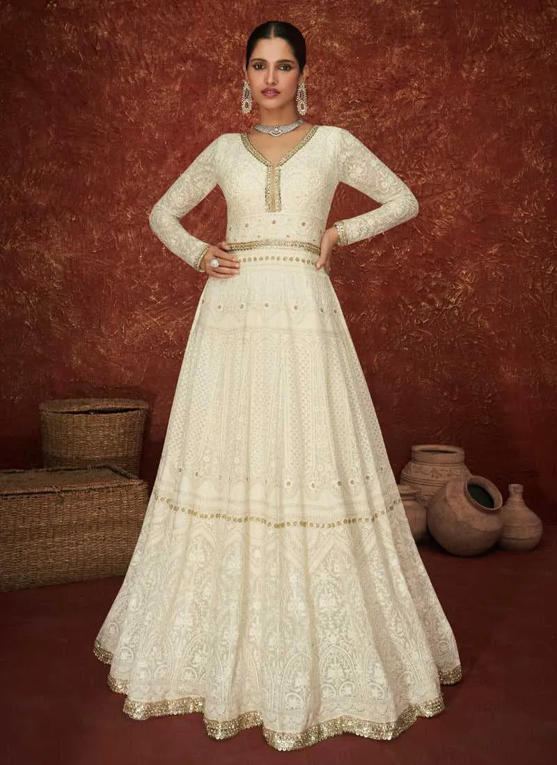 White and Gold Gown Style Embroidered Anarkali Suit